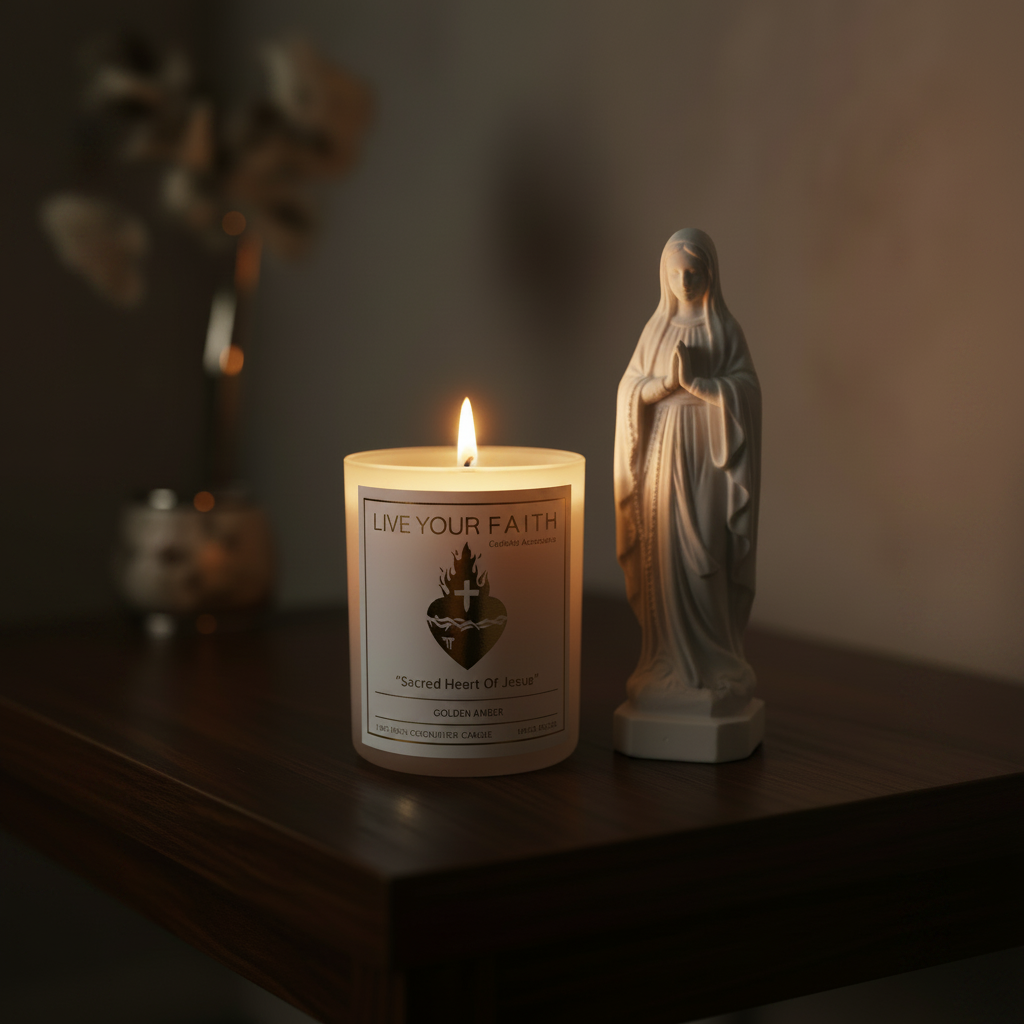 Candle with 'Live Your Faith' label and a statue of Virgin Mary on a wooden surface.