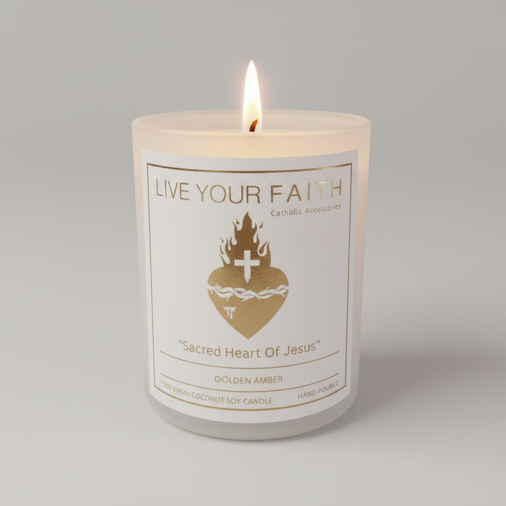 Candle with 'Live Your Faith' and 'Sacred Heart of Jesus' text on a white background