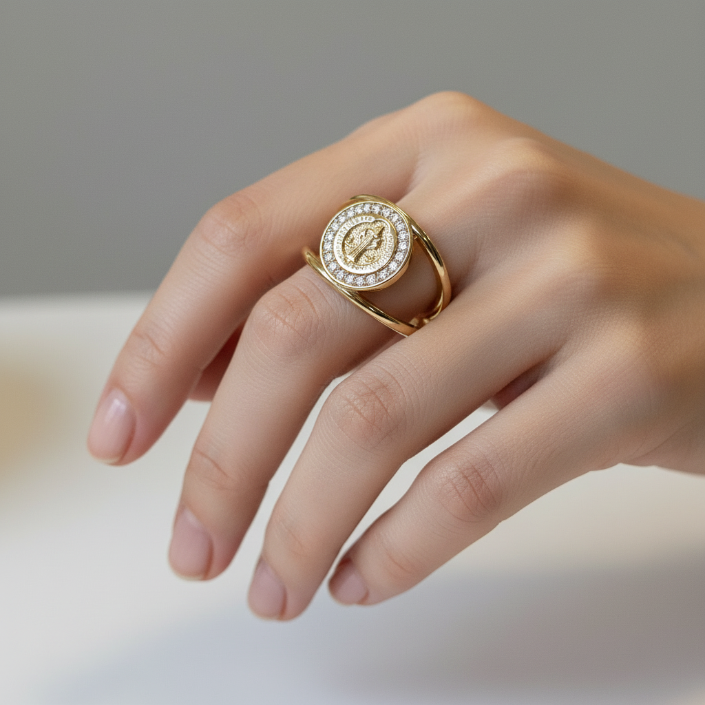 Gold ring with a decorative design on a white surface