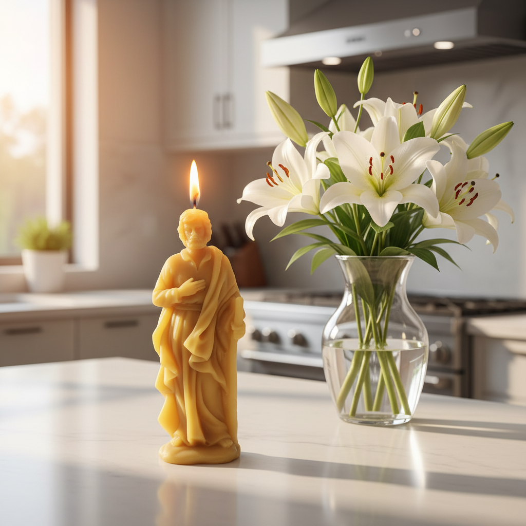 Candle shaped like Saint Joseph next to a vase with white lilies on a kitchen counter.