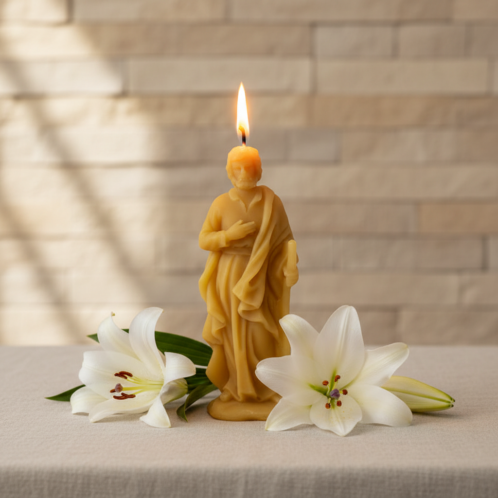 Beeswax Candle shaped like Saint Joseph with two white lilies on a textured surface