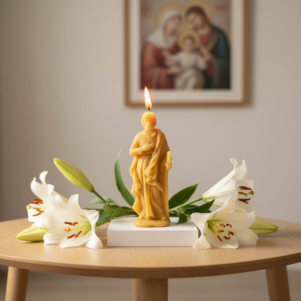 candle shaped like Saint Joseph with white lilies on a wooden table, framed artwork in the background.