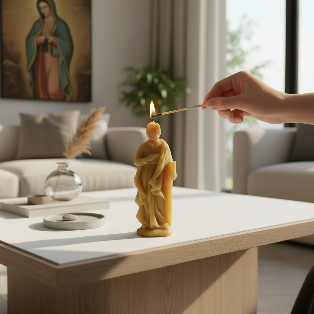 Person lighting a candle shaped like Saint Joseph on a table in a living room.