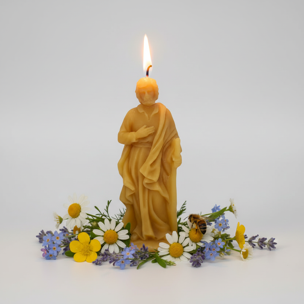 Beeswax candle shaped like Saint Joseph with flowers and a bee on a white background