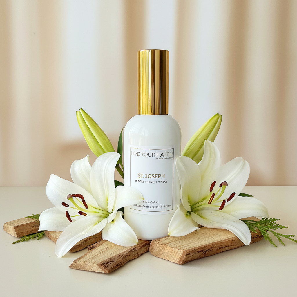 White bottle with gold cap labeled 'Live Your Faith' inspired by St. Joseph, surrounded by white lilies on a beige background.