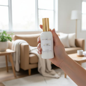 Hand holding our Saint Joseph a room spray bottle in a bright living room.