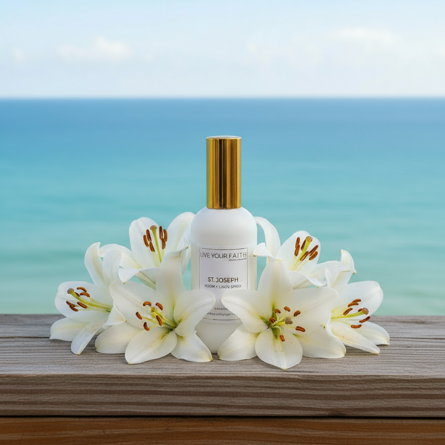 Saint Joseph inspired Room and Linen spray in wood and lilies scent