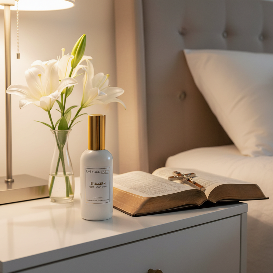 Saint Joseph inspired Room and Linen spray in wood and lilies scent