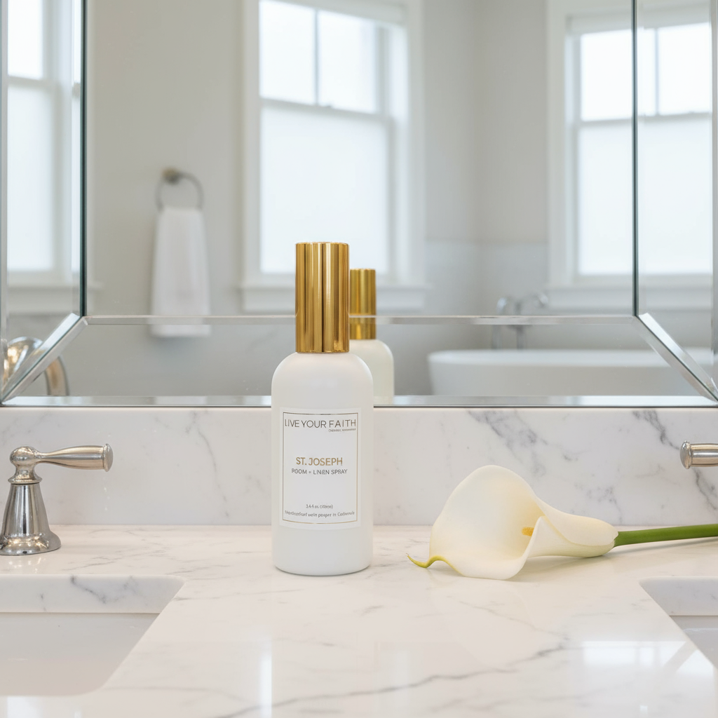 Room spray bottle with gold cap on a marble countertop in a bathroom inspired by Saint Joseph.