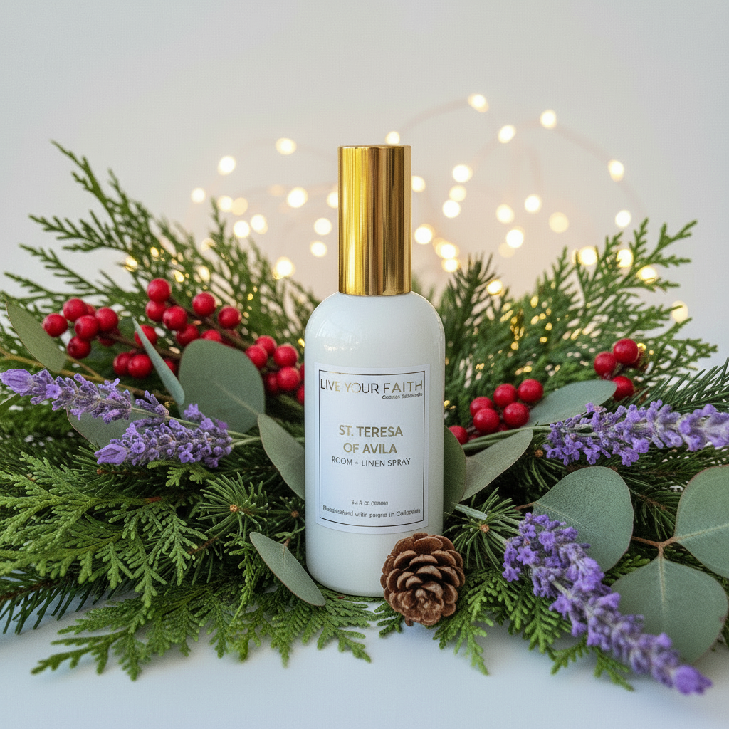 White bottle with gold cap on a decorative background with greenery, berries, and lavender inspired by Saint Teresa of Avila.