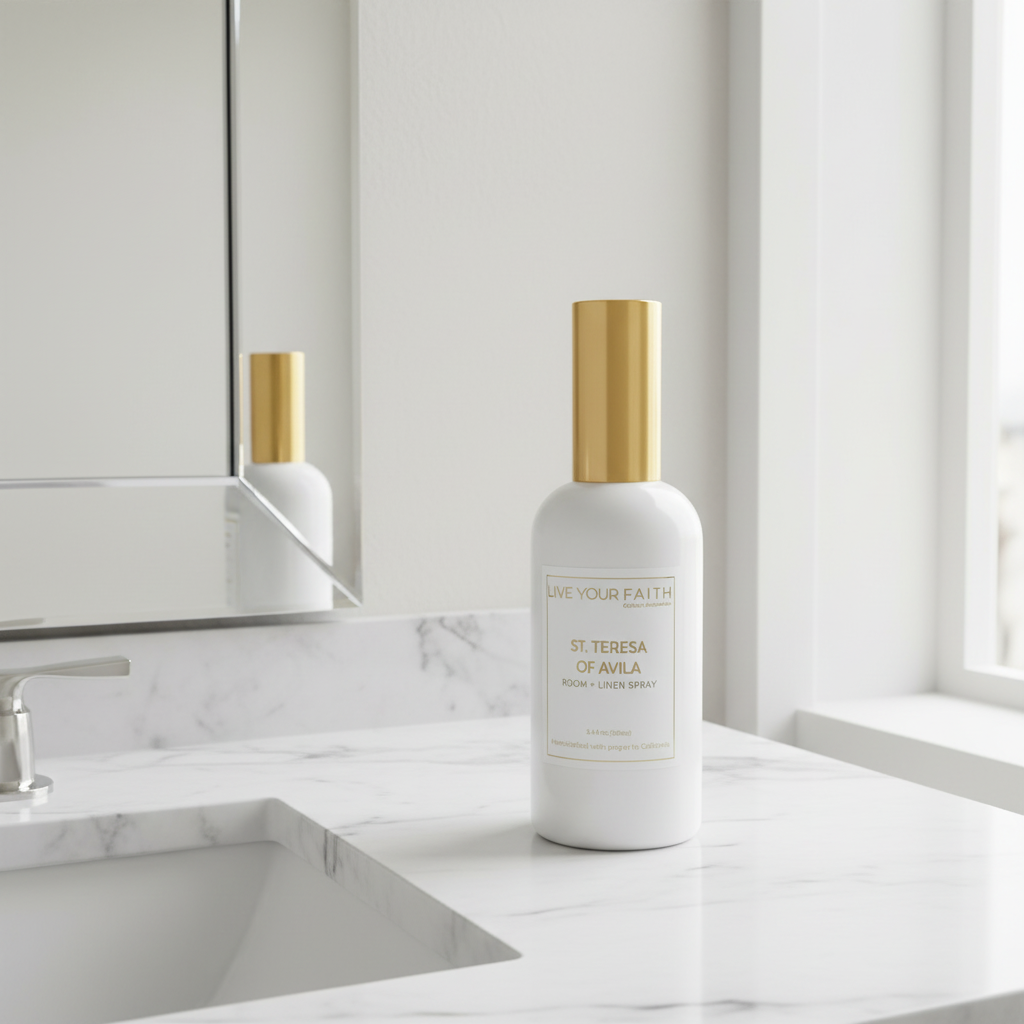 White bottle with gold cap on a marble countertop in a bathroom setting inspired by Saint Teresa of Avila.