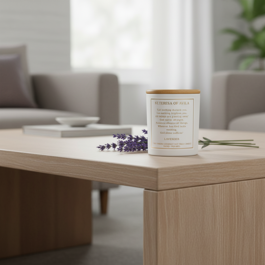 St. Theresa of Avila Candle on a wooden table with a blurred living room background and lavender leaves