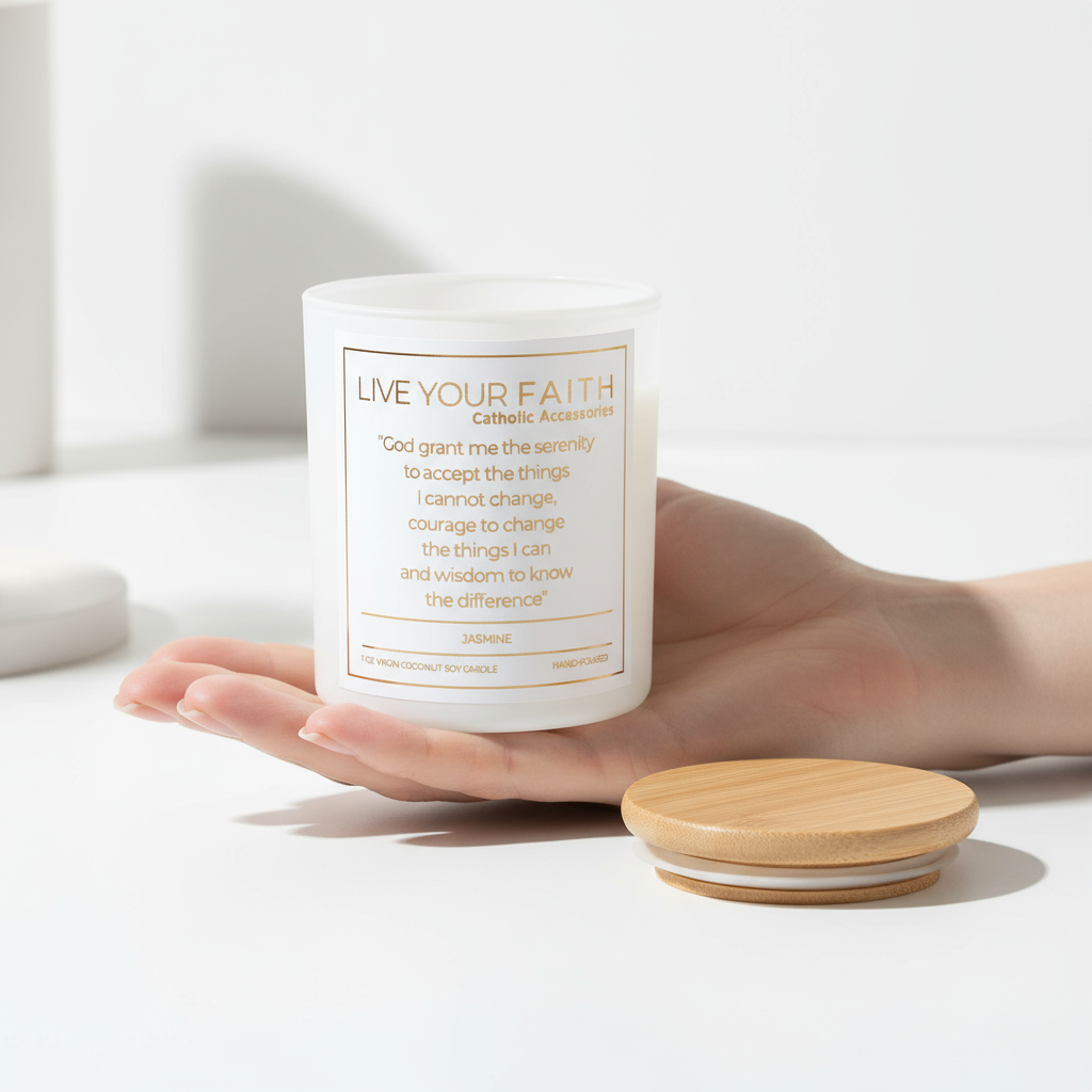 Candle with the serenity prayer held by a hand on a white background