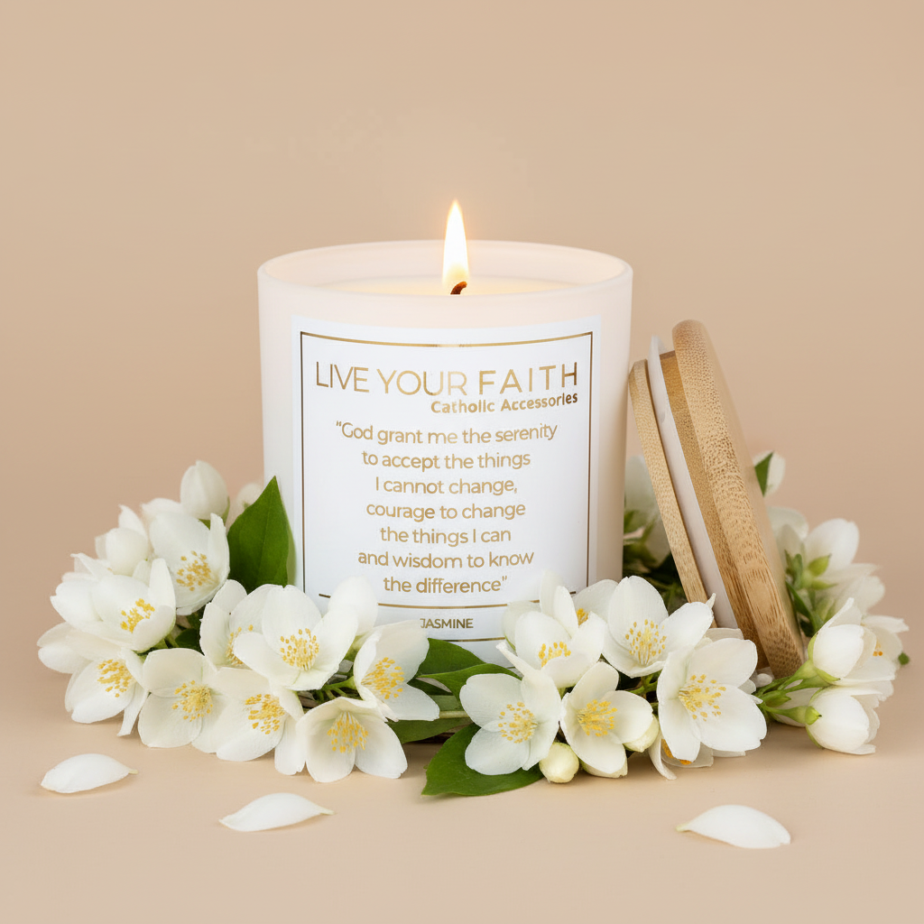 Candle with the serenity prayer surrounded by white jasmine flowers on a beige background