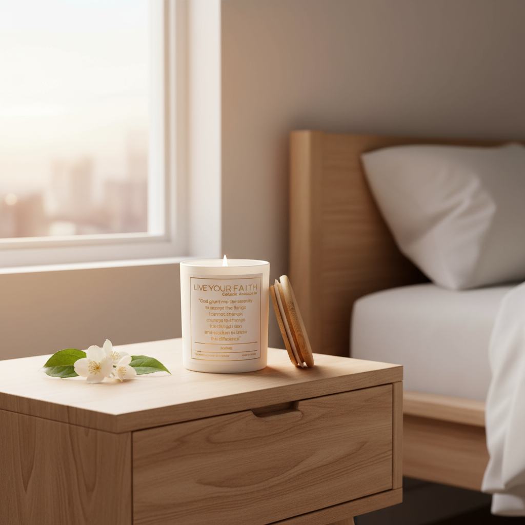 Candle with the serenity prayer on a wooden nightstand next to a bed with pillows