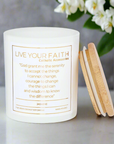 serenity prayer prayer candle. White vessel with gold words. 7oz. Jasmine scent.