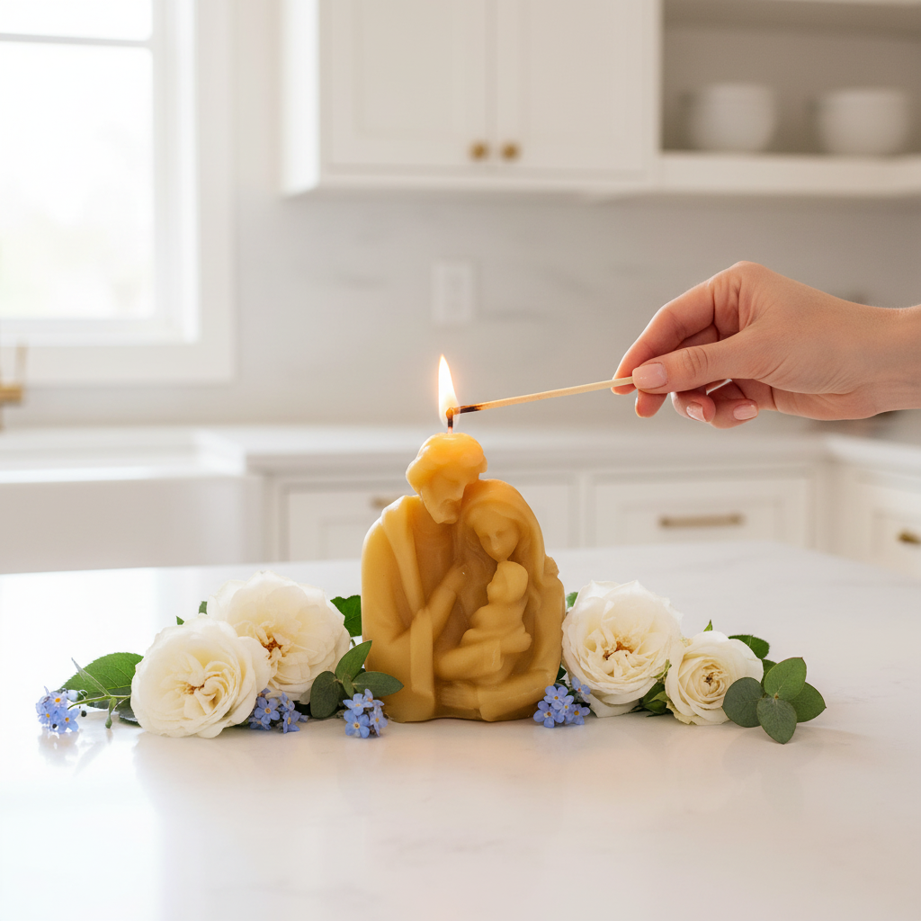 Hand lighting a candle shaped like the holy family with flowers on a kitchen counter.