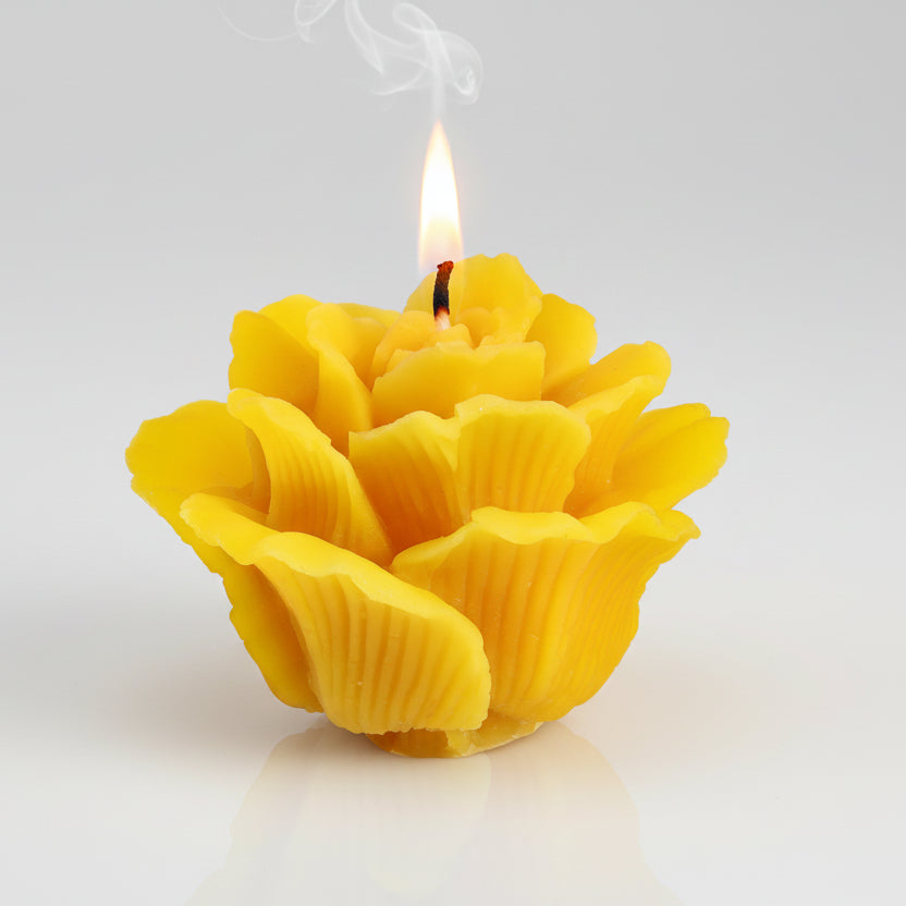 Yellow beeswax flower-shaped candle on a white background