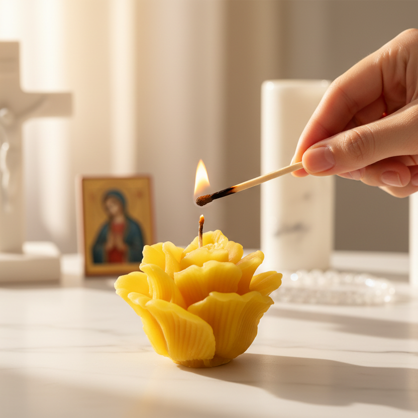 Hand lighting a beeswax rose shaped candle with a match, blurred background