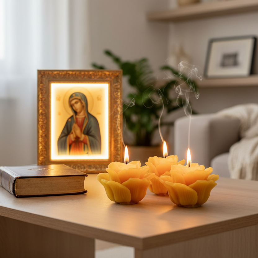 three lit beeswax rose candles with a Virgin Mary Icon and a bible  on a table in a cozy living room. 