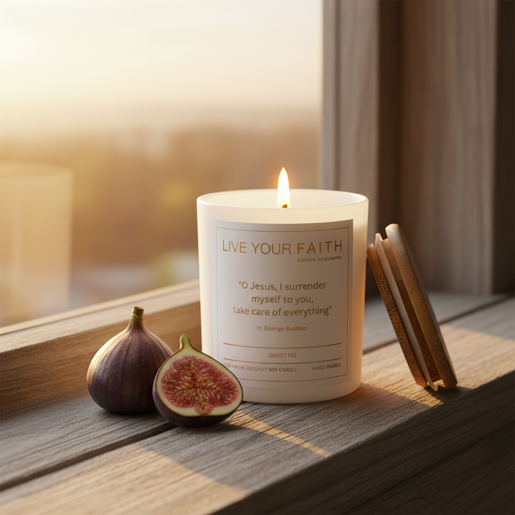 Catholic Prayer Candle with the Surrender Novena Prayer, fig scent, on a wooden window mill surface with figs 