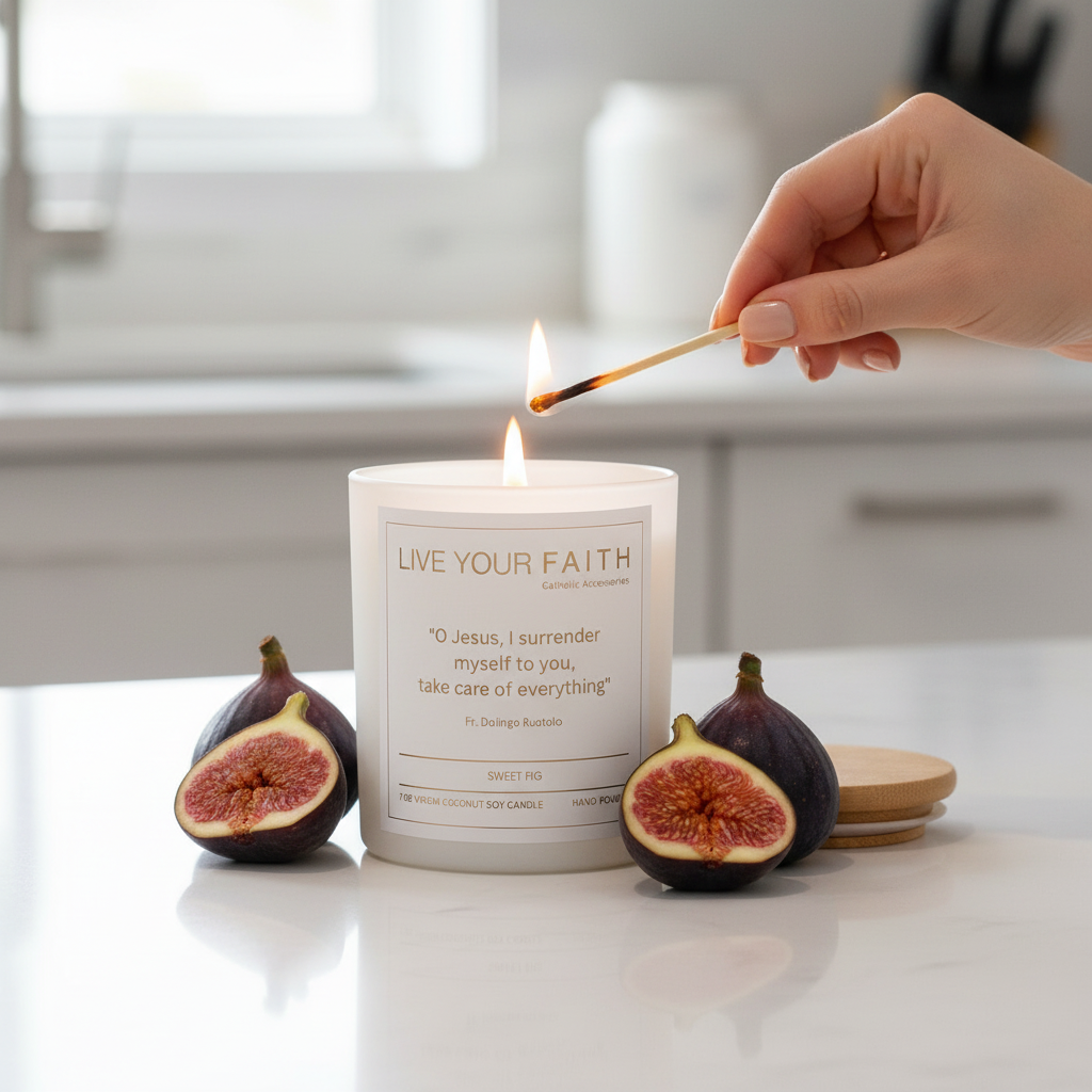 Candle with the surrender novena prayer being lit with figs on a kitchen counter.
