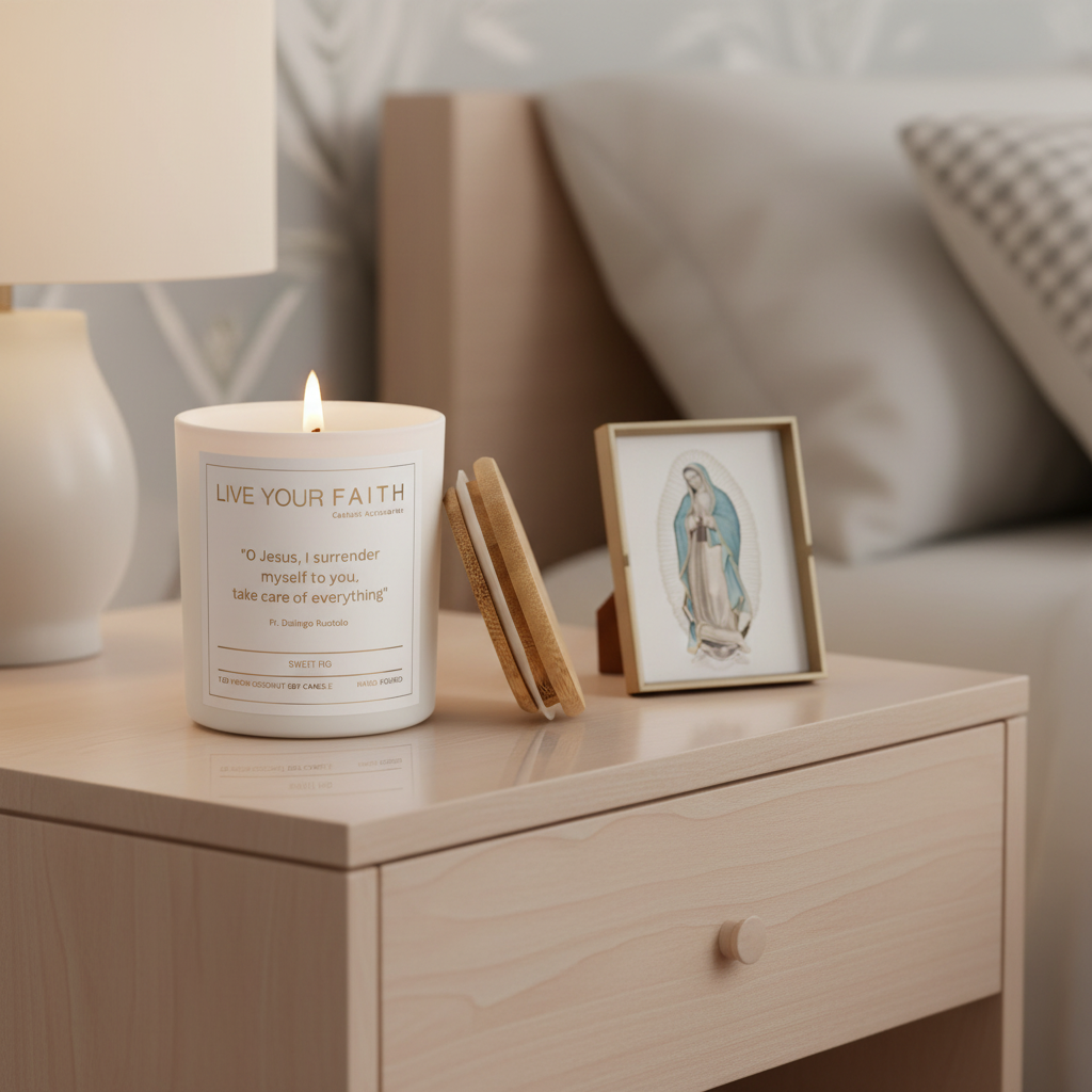 Catholic Prayer Candle with the Surrender Novena prayer text on a wooden nightstand 