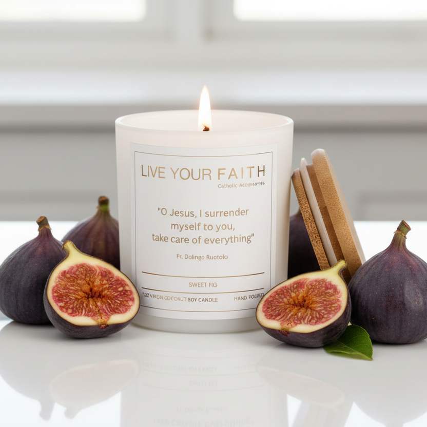 Catholic Prayer Candle with the Surrender Novena Prayer on a white background