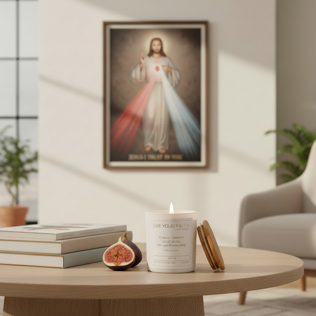 Catholic Prayer Candle with the Surrender Novena Prayer in sweet fig scent on a table in a room with an image of Jesus  on the wall.