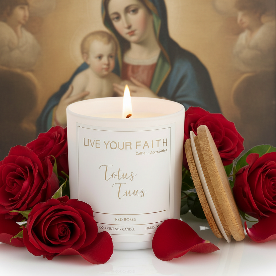 Catholic Prayer Candle, "Totus Tuus", Red Rose Scent