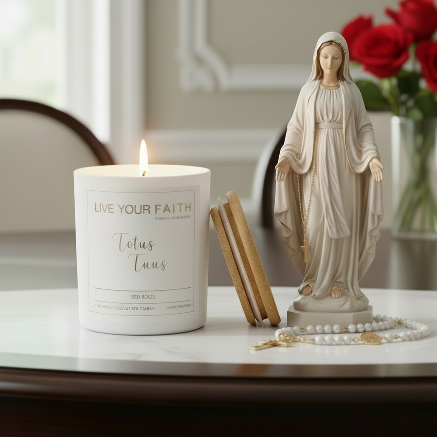 Catholic Prayer Candle, "Totus Tuus", Red Rose Scent