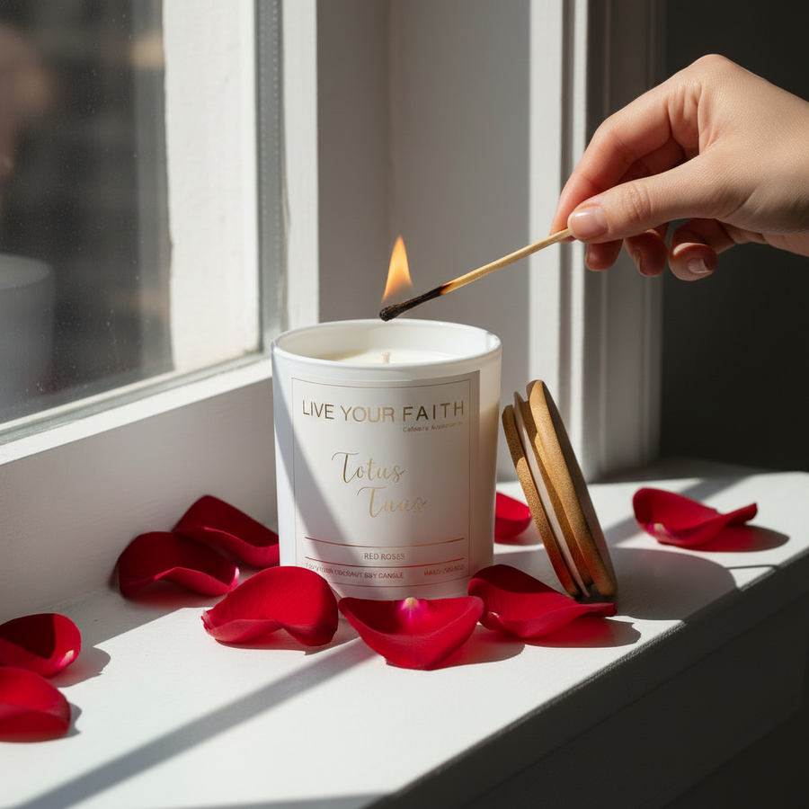 Catholic Prayer Candle, "Totus Tuus", Red Rose Scent