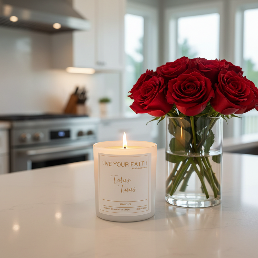Catholic Prayer Candle, "Totus Tuus", Red Rose Scent