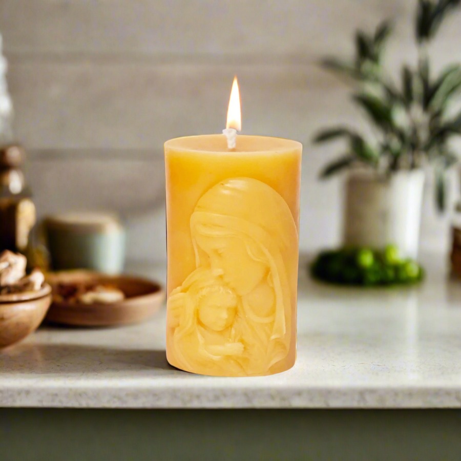 100% Pure Beeswax Pillar Candle with Image of Our Lady and Baby Jesus