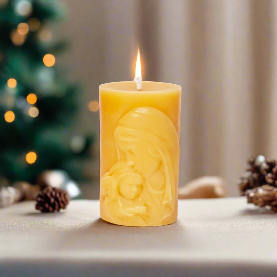 100% Pure Beeswax Pillar Candle with Image of Our Lady and Baby Jesus