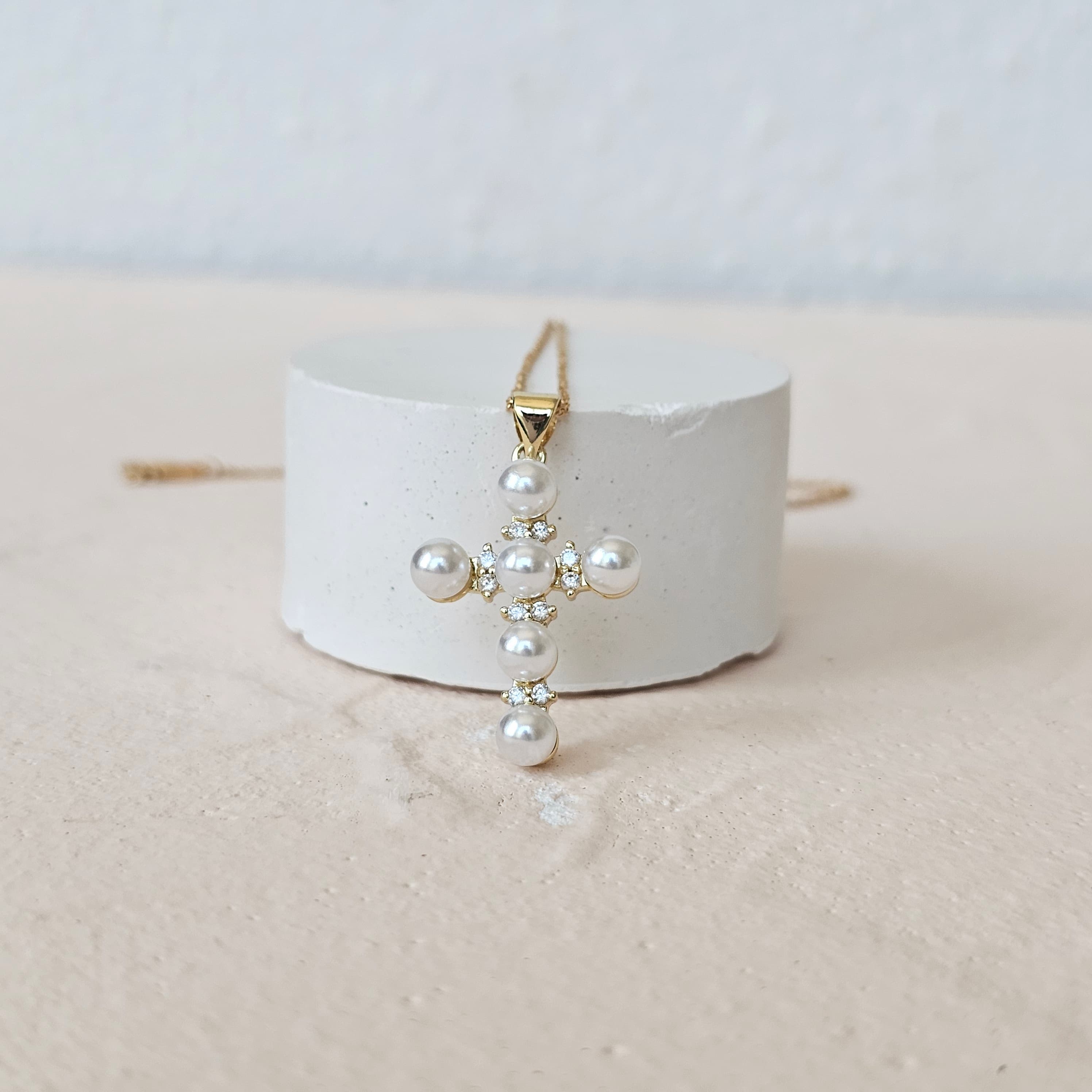 white pearl cross catholic jewelry
