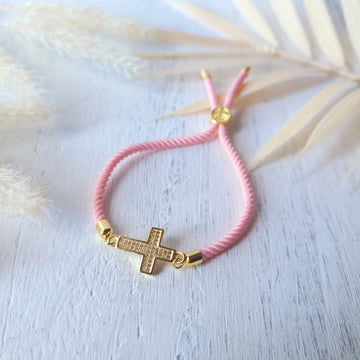 Gold Tone Cross Necklace with Pink Adjustable Bracelet
