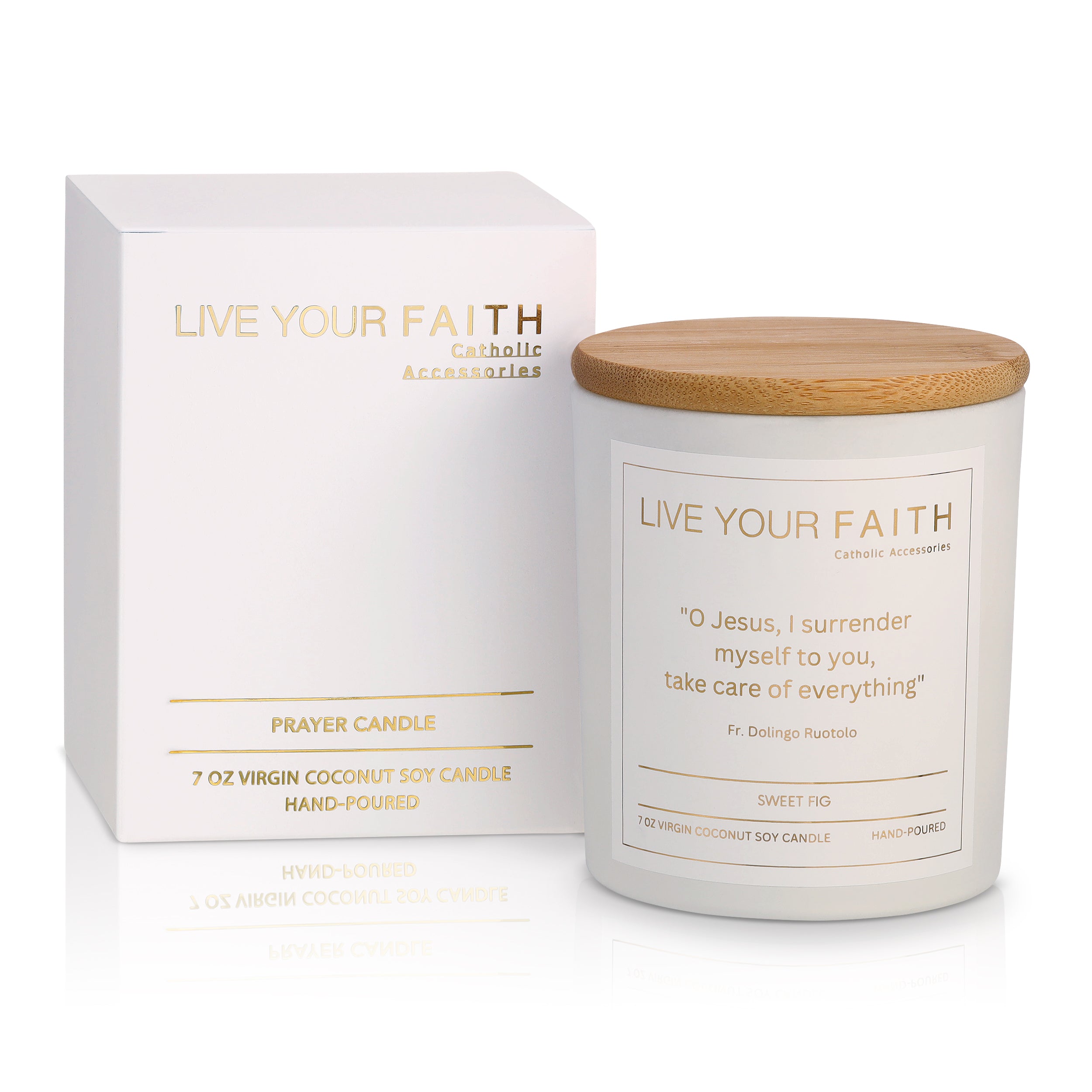 Catholic Prayer Candle with the Surrender Novena Prayer on a white background